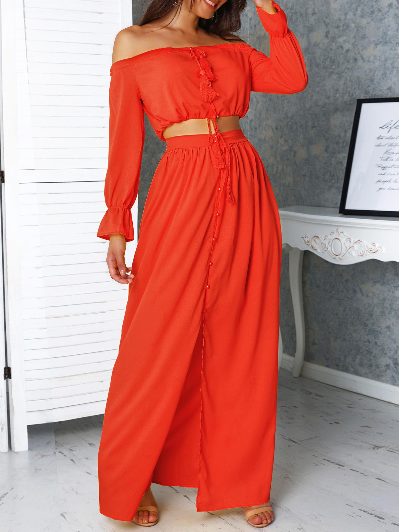 

Solid Off Shoulder Top With Maxi Skirt Sets
