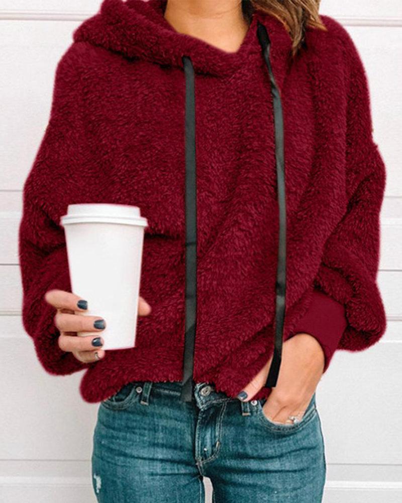 

Solid Hooded Teddy Pullover, Wine red
