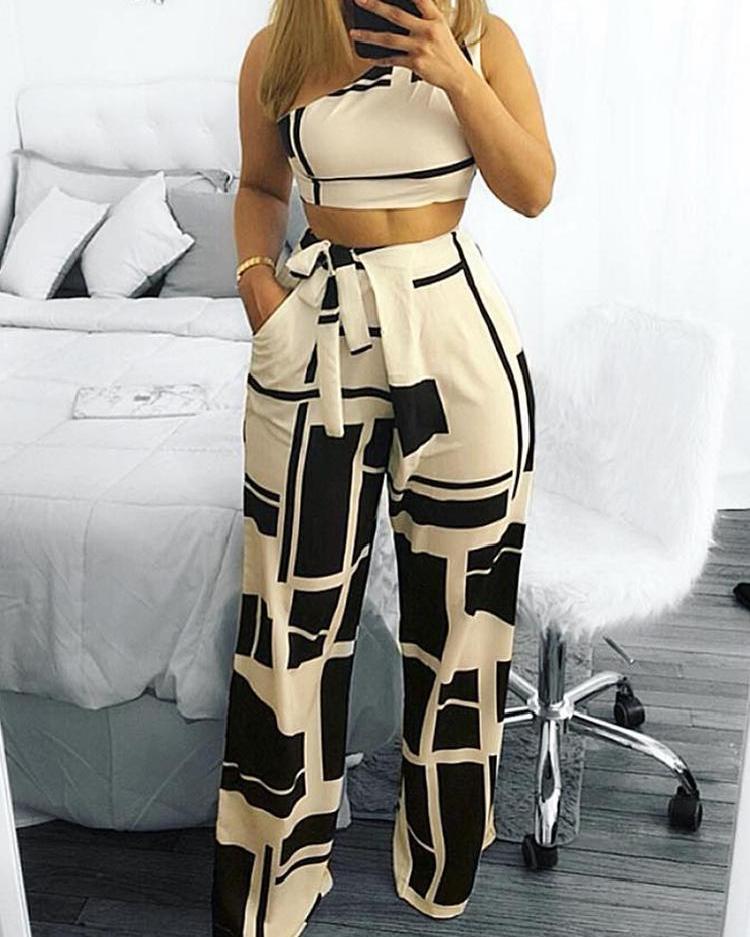 

Colorblock One Shoulder Cropped Wide Pants Set, Multicolor
