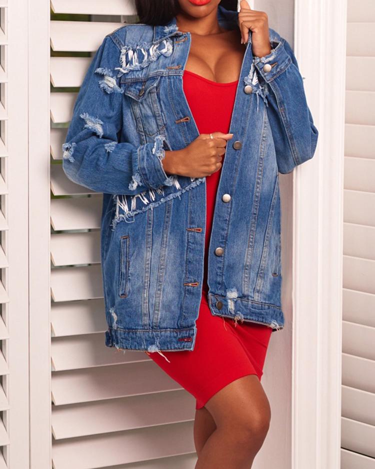

Fashion Snap Button Frayed Oversized Denim Coat, Blue