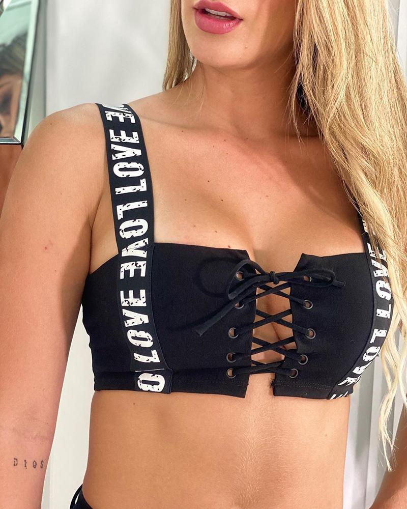 

Letter Print Eyelet Lace-up Top, Black