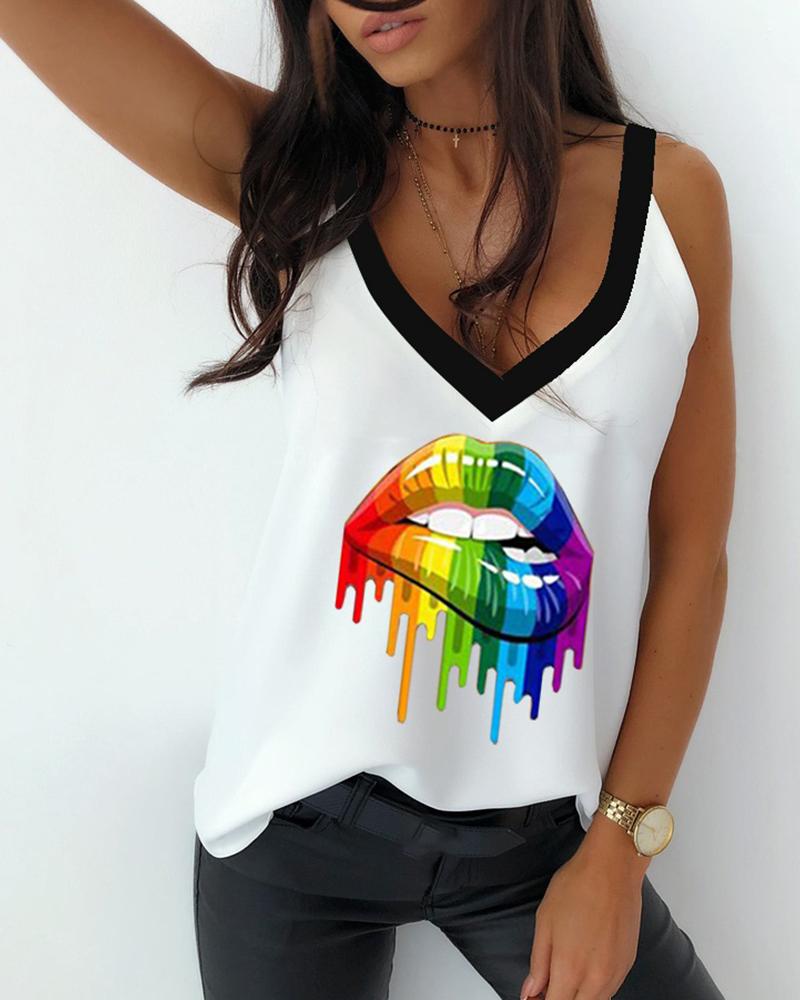 

Lip Print Colorblock V-neck Casual Tank Top, White