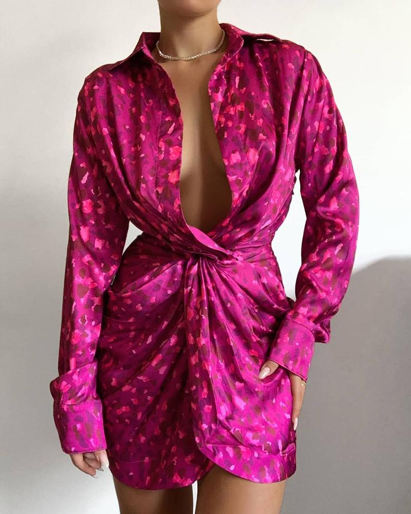 

Twisted Design Print Long Sleeve Shirt Dress, Hot pink