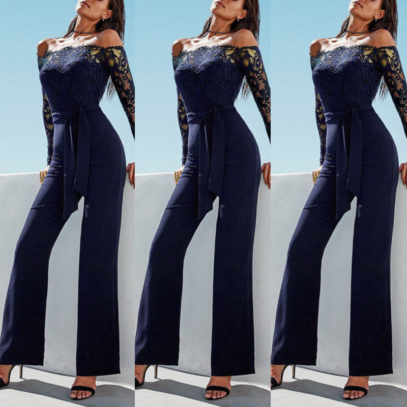 

Lace Off Shoulder Belted Wide Leg Jumpsuit, Black;dark blue