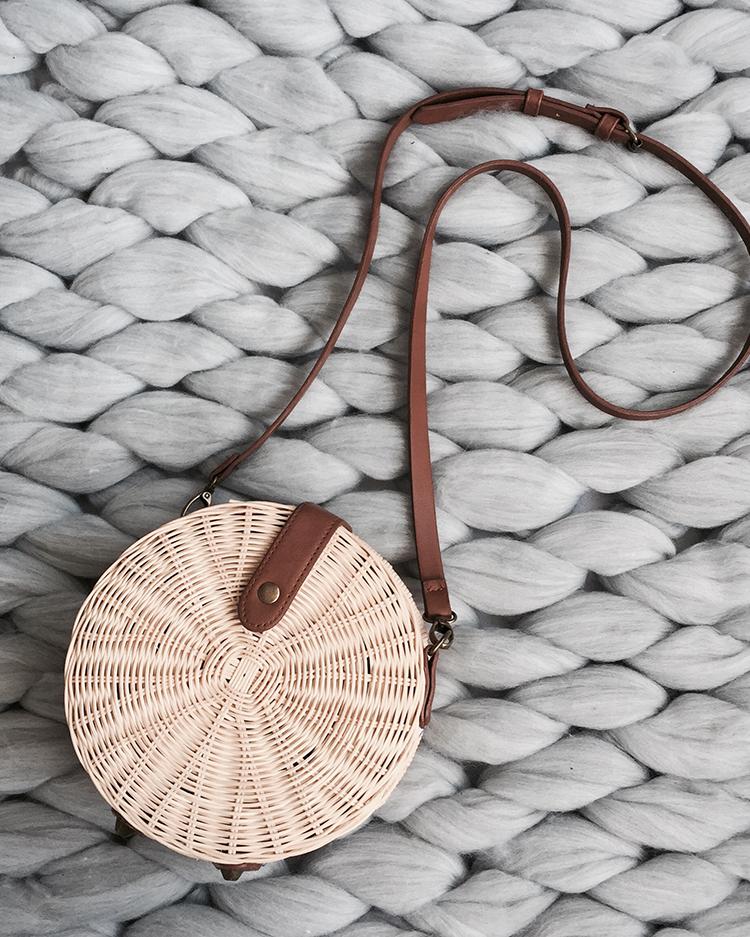 

Round Straw Crossbody Bag, Beige