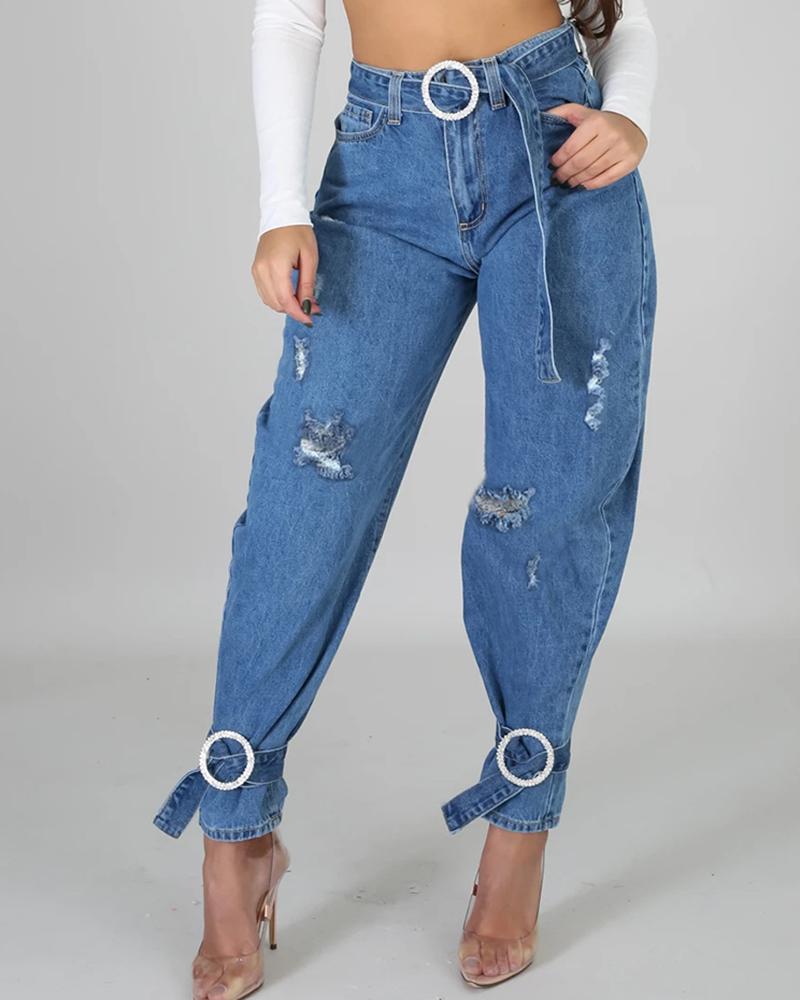 

Tied Cuffed Ripped Denim Casual Pants, Blue