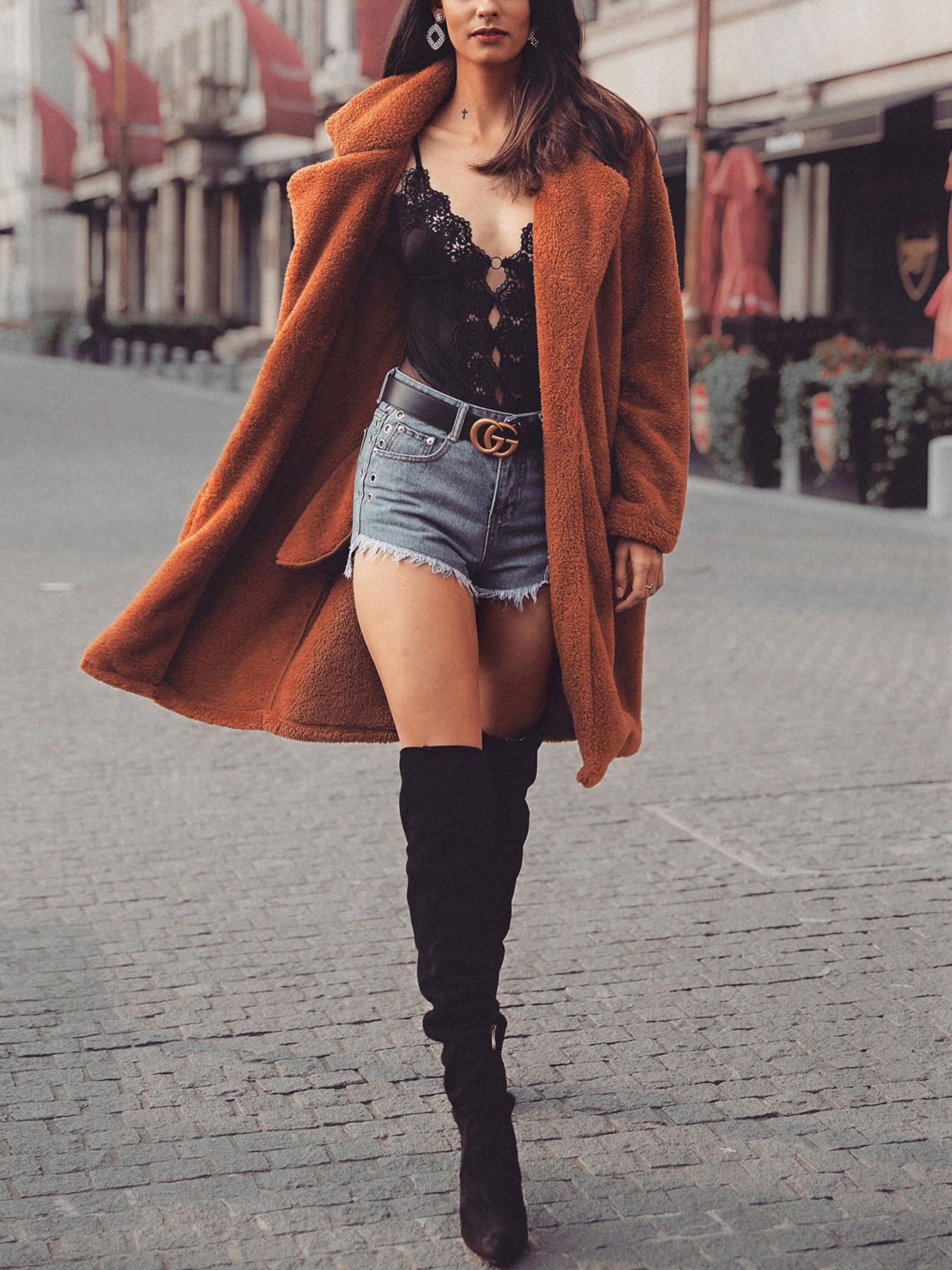 

Solid Fluffy Open Front Long Sleeve Coat, Brown