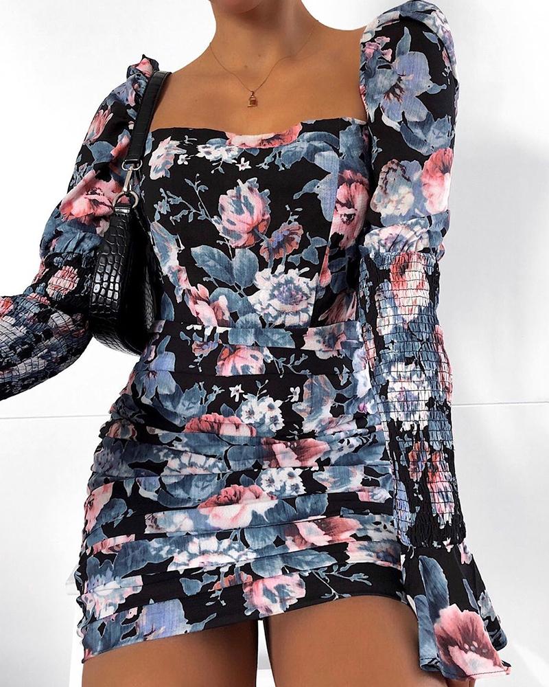 

Square Neck Mini Floral Dress, Black