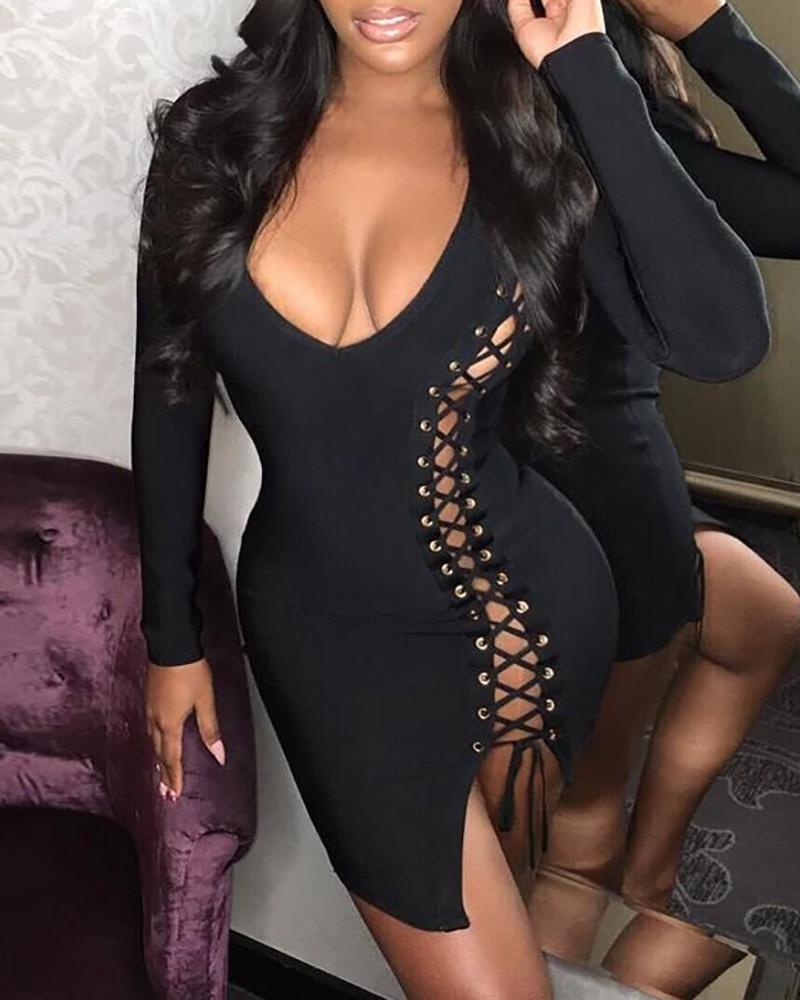 

Eyelet Lace-up Long Sleeve Bodycon Dress, Black