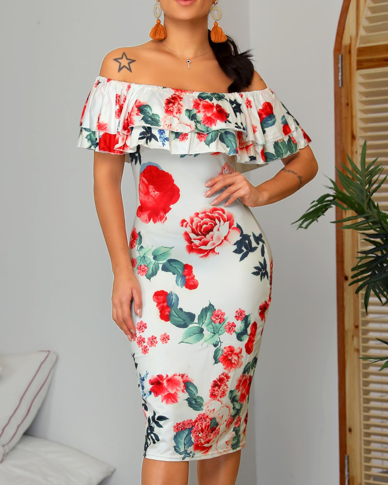 

Floral Print Off Shoulder Layered Ruffles Dress, White