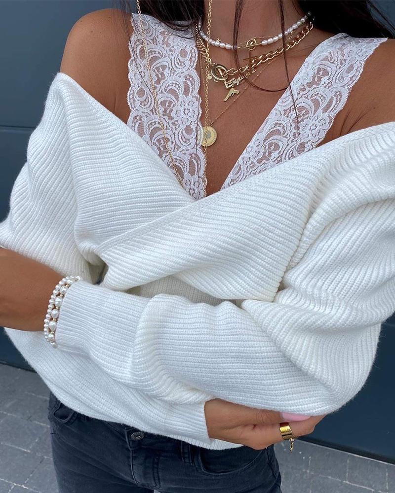 

Solid Lace Splicing Loose Long Sleeve Sweaters, White