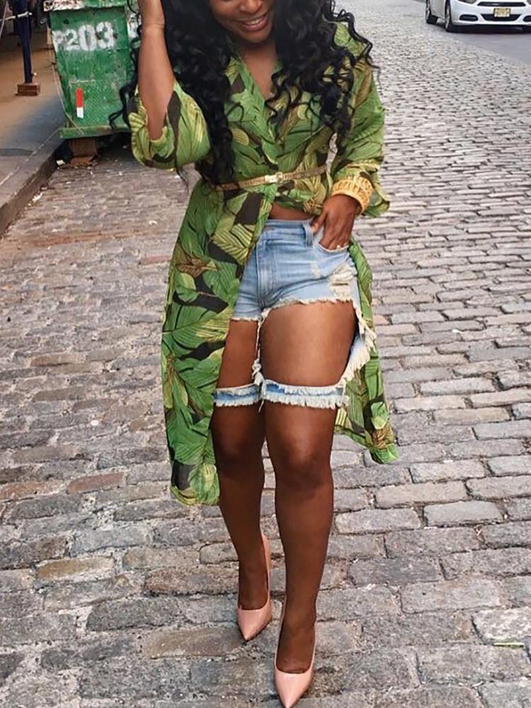

Stylish Open Front Floral Print Long Blouse