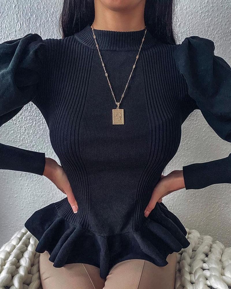 

Plain Ruffles Long Sleeve Casual Sweater, Black
