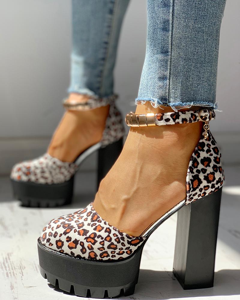 

Leopard Ankle Strap Platform Chunky Heeled Sandals, Apricot