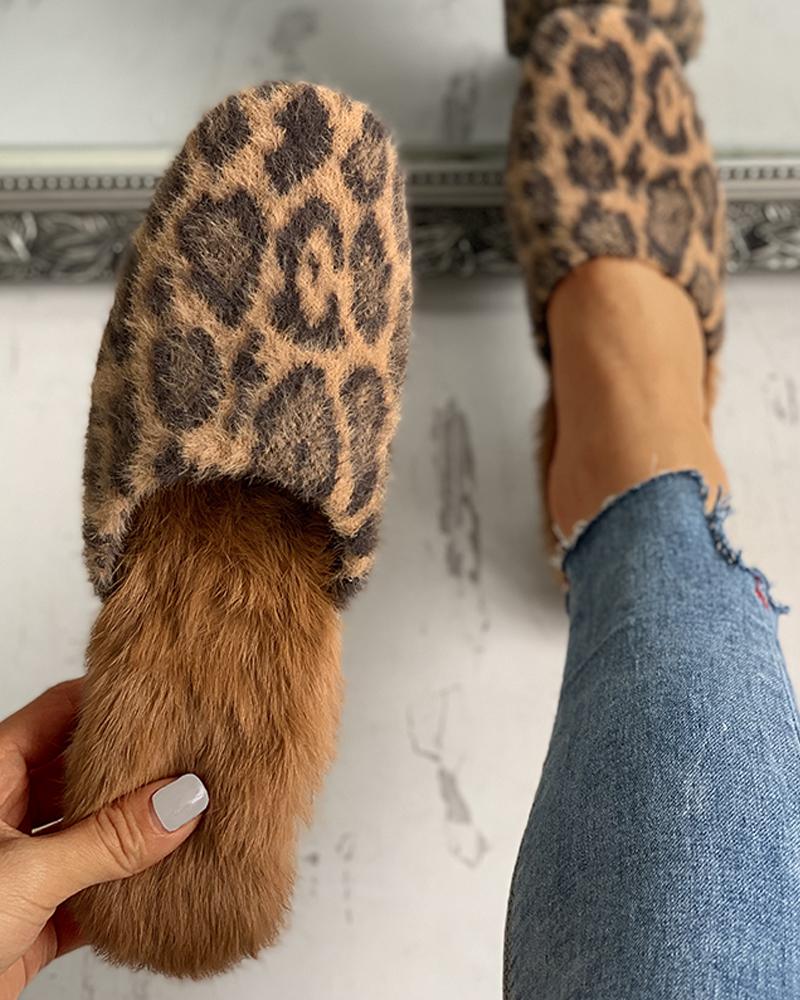 

Suede Leopard Print Fluffy Slip-On, Brown