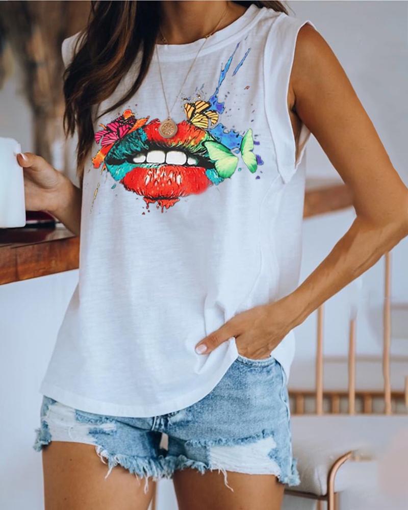 

Lip Butterfly Print Casual Tank Top, White