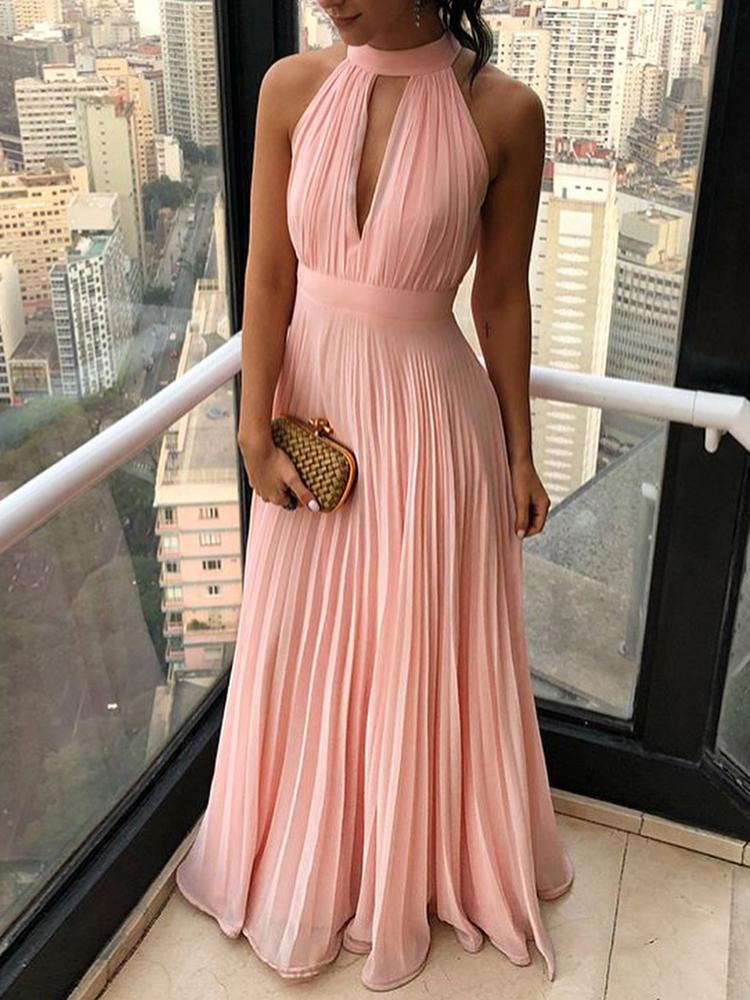 

Halter Cut Out Front Pleated Maxi Dress, Pink