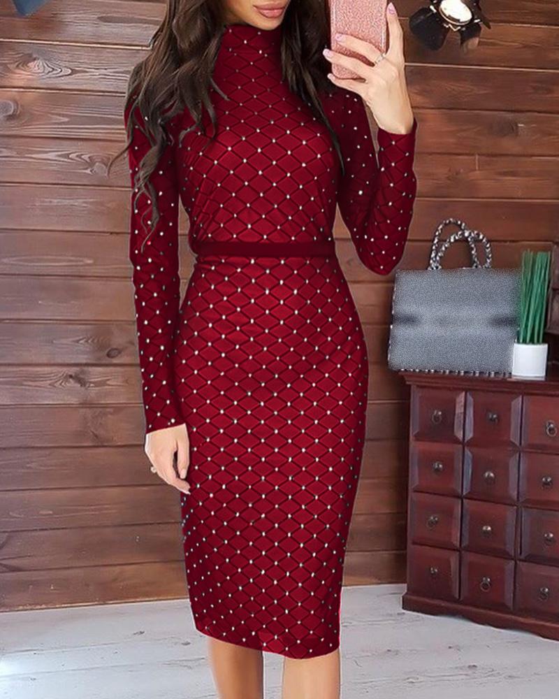 

Hot Stamping Mock Neck Plaid Long Sleeve Bodycon Dress, Red