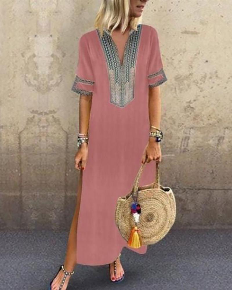 

Ethnic Print Insert Side Slit Casual Dress