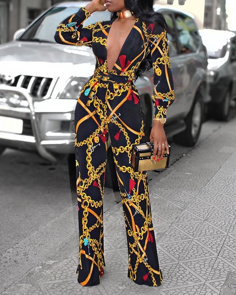 

Long Sleeve Chain Print Jumpsuit (With Belt, Black