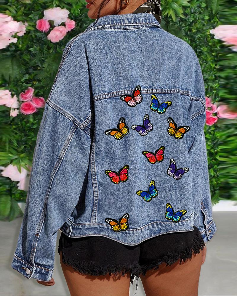 

Butterfly Embroidery Button Design Pockets Denim Coat, Blue
