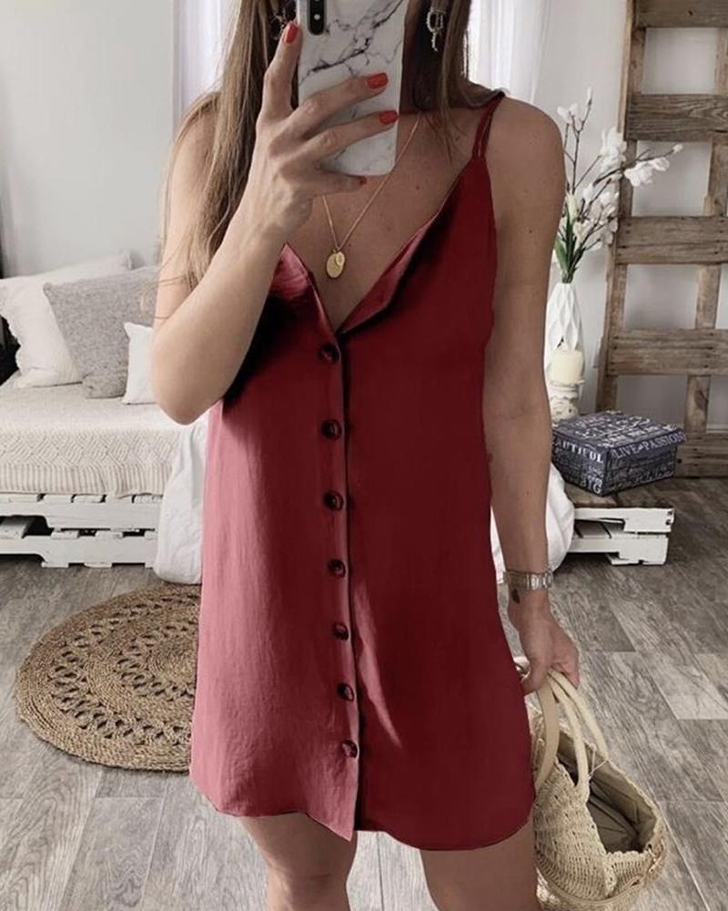 

Button Design Sling Vest Dress, Wine red