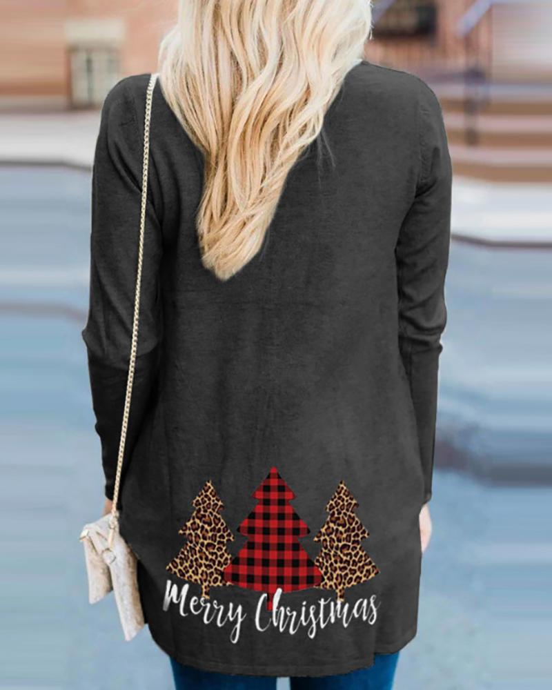 

Christmas Tree Print Long Sleeve Casual Cardigan, Black