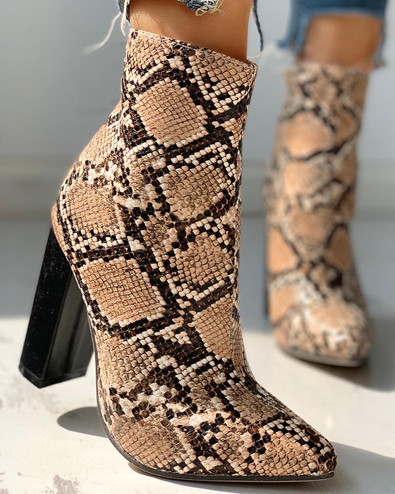 

Leather Snakeskin Chunky Heeled Ankle-Boots, Brown