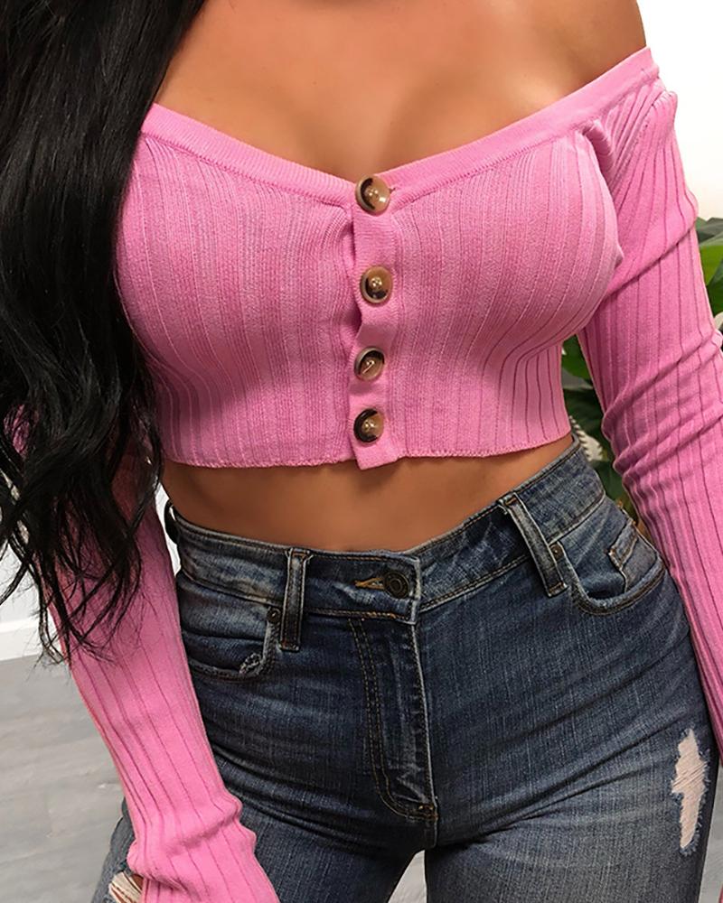 

Off Shoulder Long Sleeve Crop Top, Pink