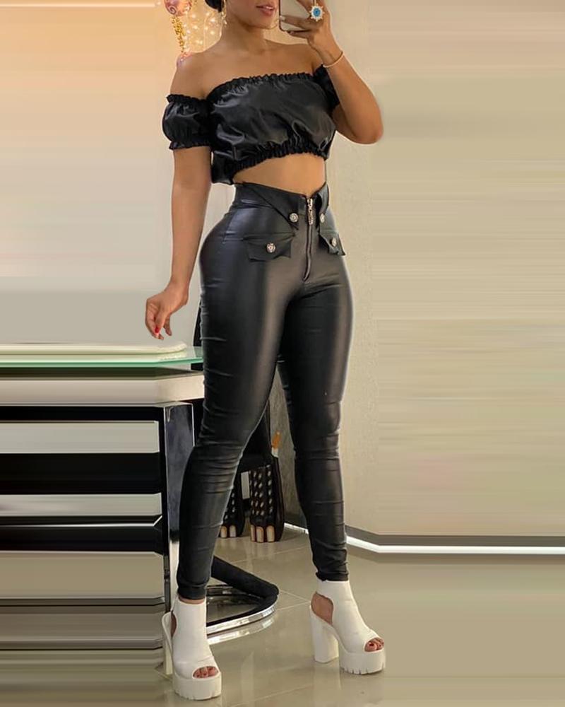 

Off Shoulder PU Leather Crop Top & Zipper Design Pants Set, Black
