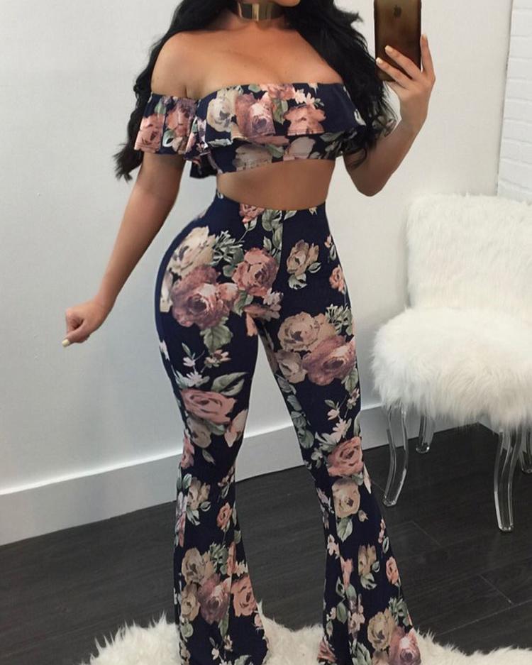 

Floral Print Crop Top & Flare Leg Pants Set, Multicolor