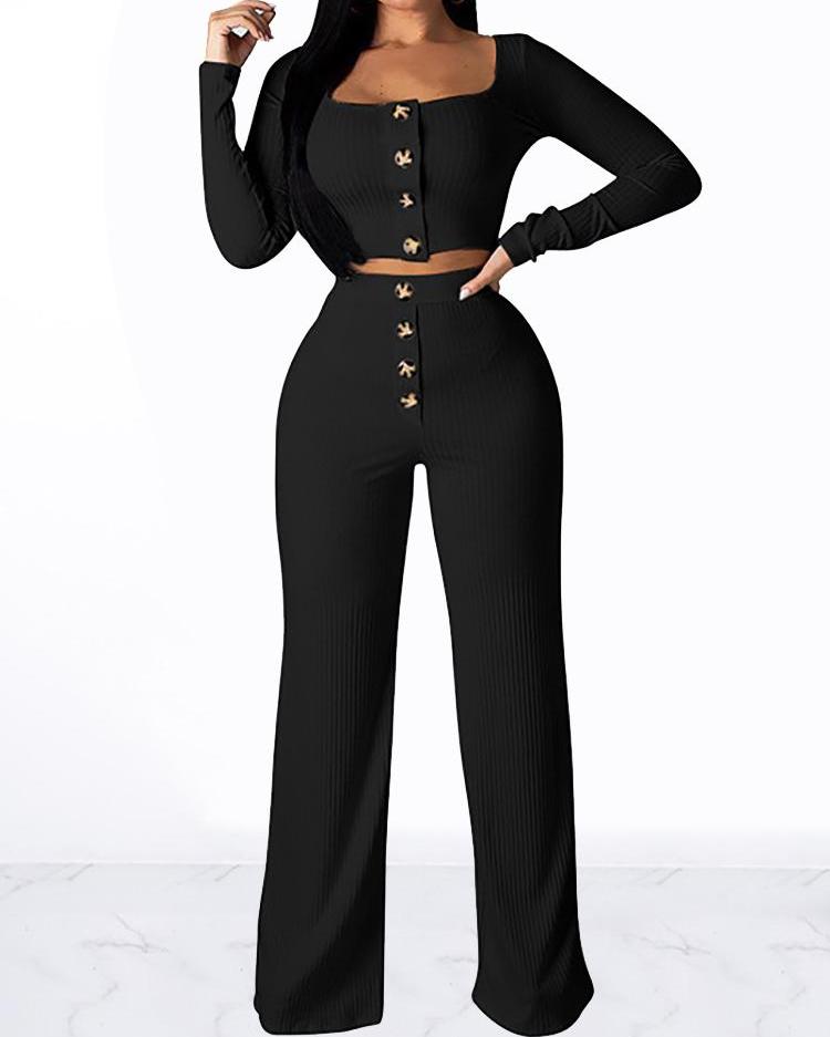 

Single Breasted Crop Top & Pants Set, Black