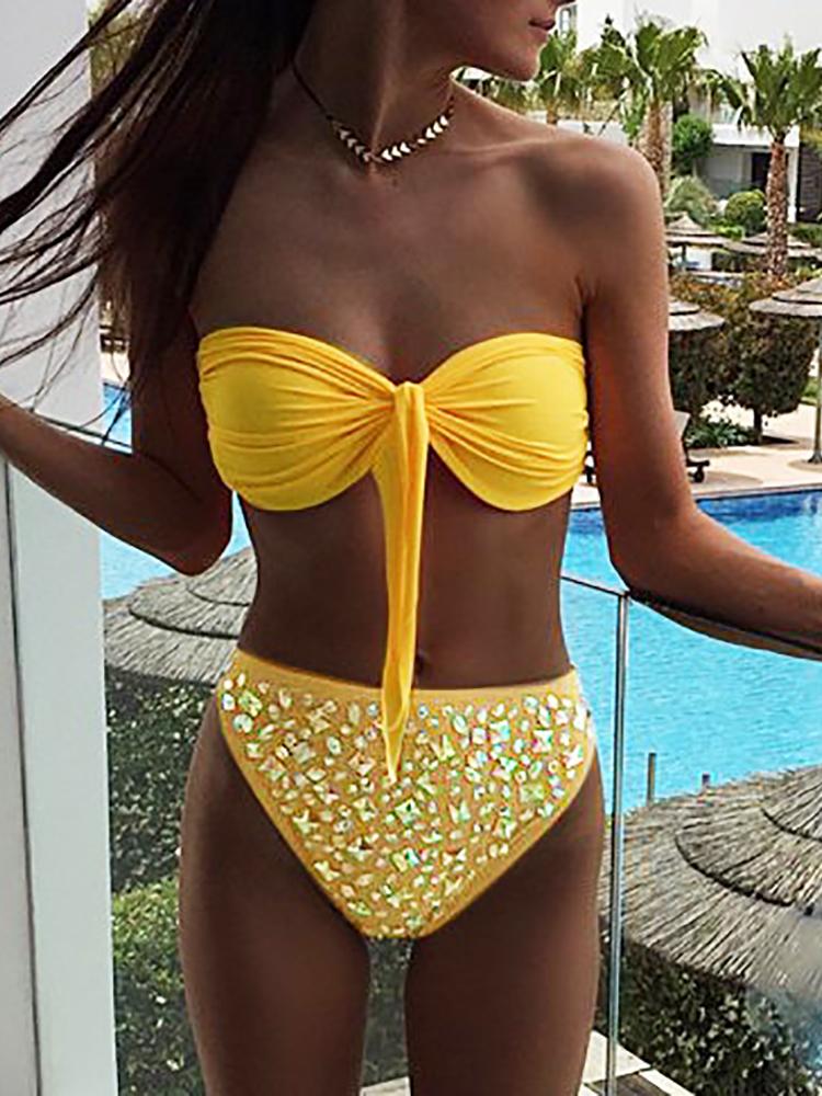 

Shiny Decorated Knotted Front bandeau Bikini