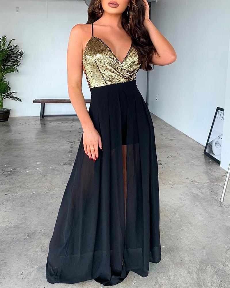 

Spaghetti Strap Mesh Patchwork Sequin Dress, Gold
