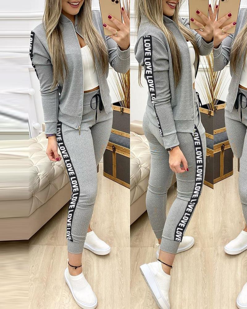 

Letter Print Colorblock Zip Jacket & Drawstring Pants Set, Gray