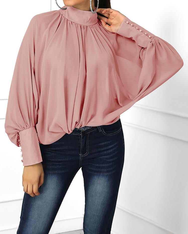 

Lantern Sleeve Wide Cuff Ruched Blouse, Pink