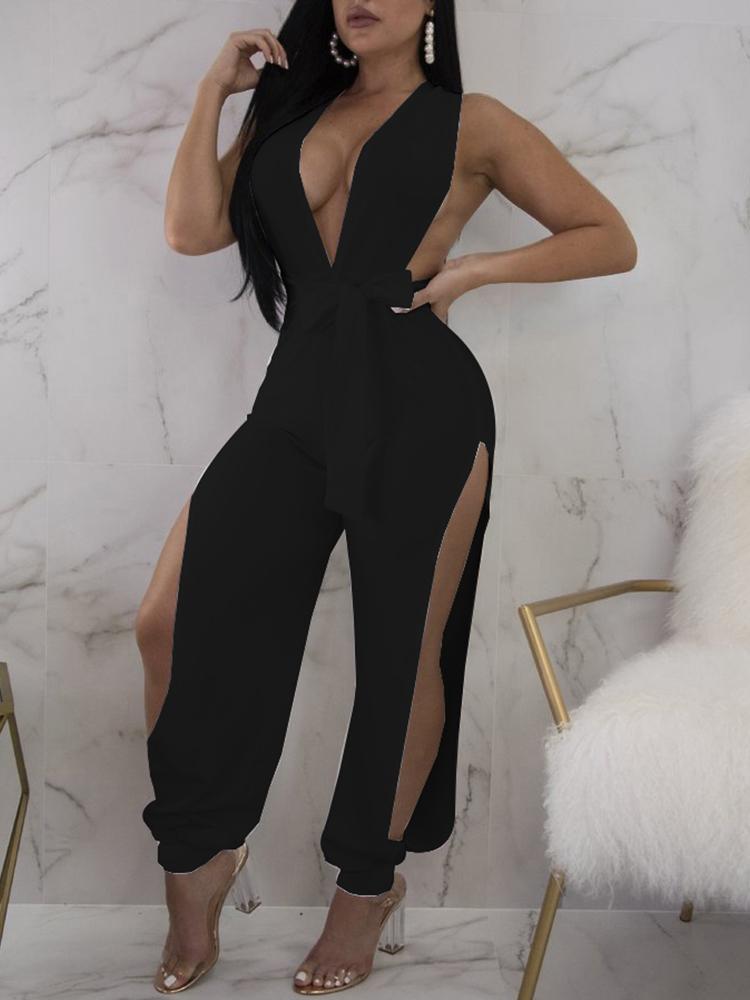 

Halter Deep V Tied Waist Slit Side Jumpsuit