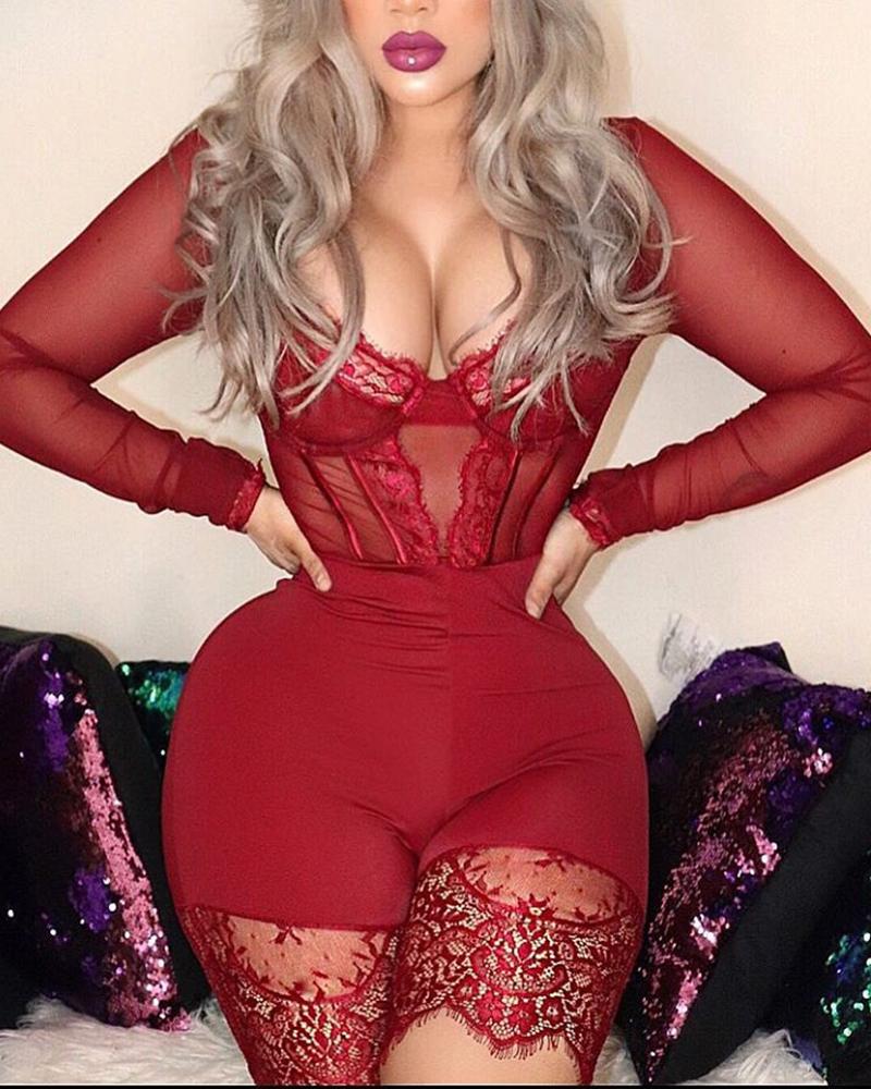 

Mesh Lace Trim Plunge Romper, Red