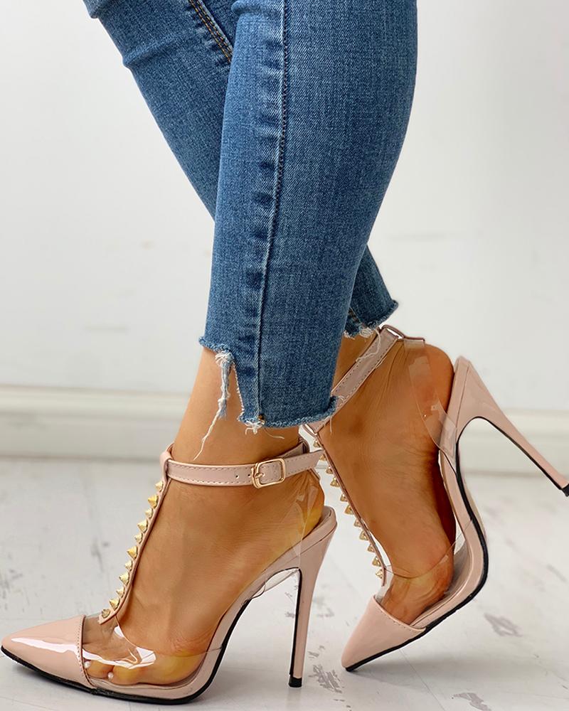 

Rivet Pointed Toe Transparent Thin Heels, Apricot