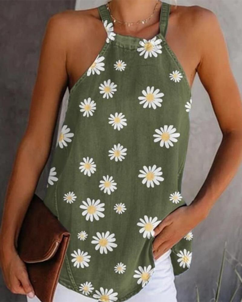 

Daisy Print Sleeveless Halter Top, Green