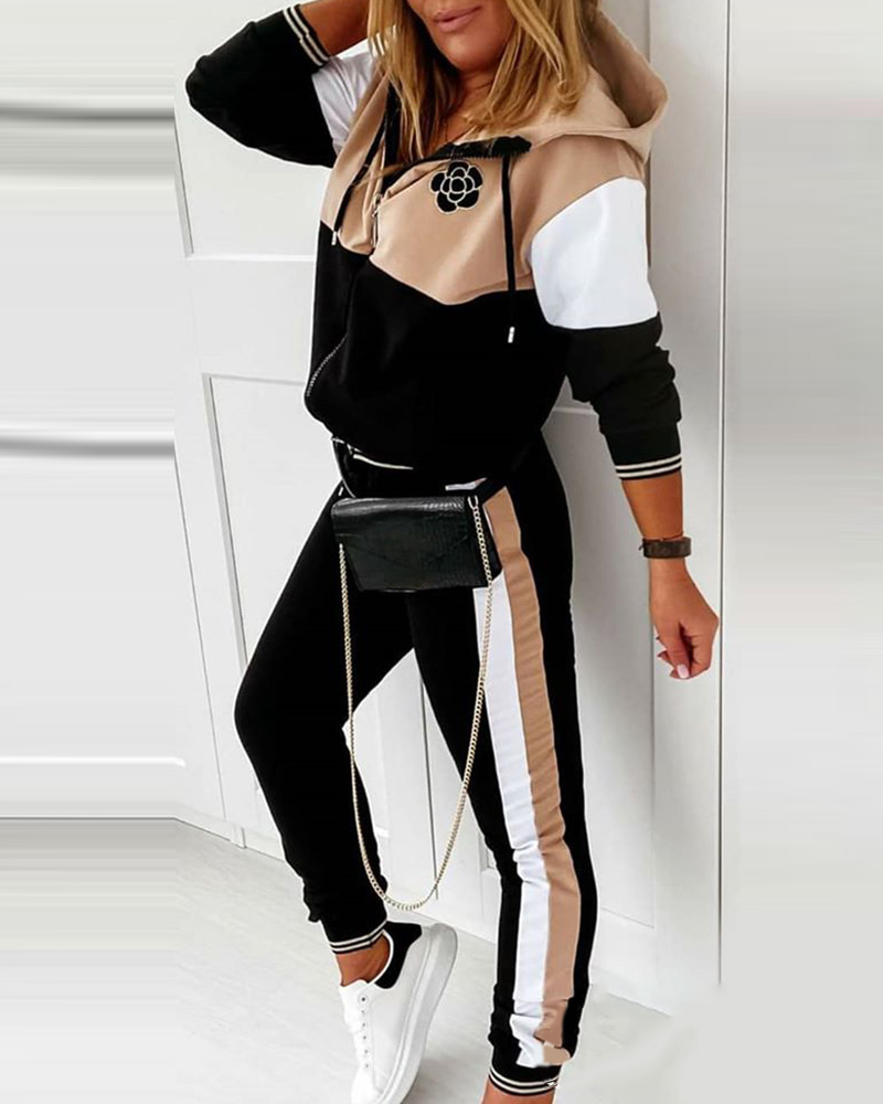 

Colorblock Zipper Design Hooded Top & Striped Tape Pants Set, Black