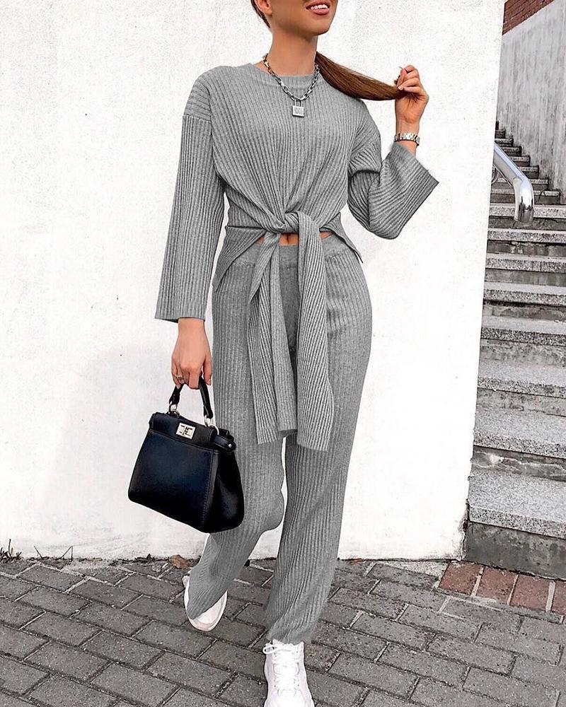 

Ribbed Long Sleeve Twisted Top & Pants Set, Gray