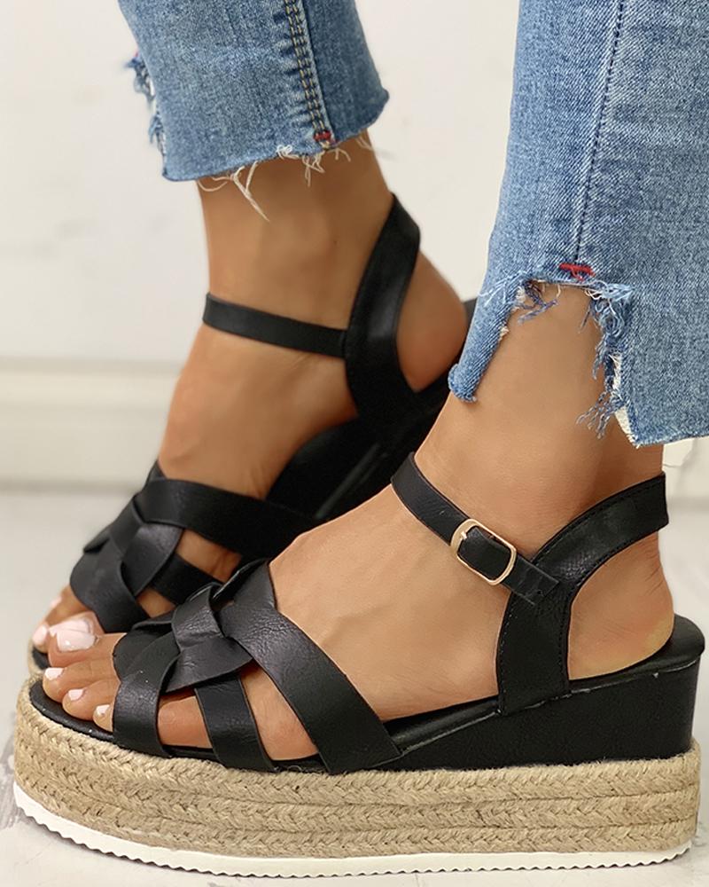 

Multi-Strap Buckled Platform Wedge Muffin Sandals, Black