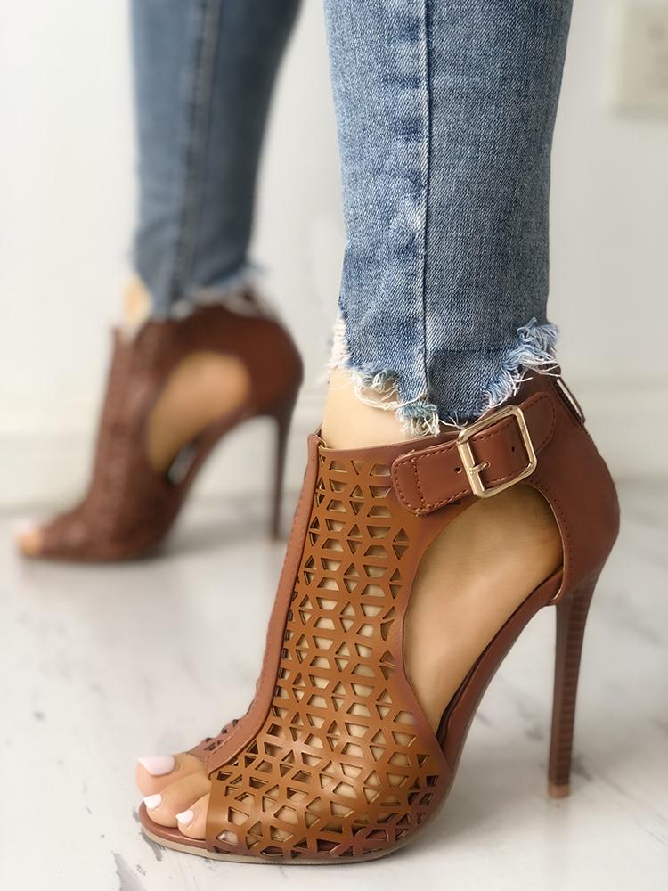 

Solid Hollow Out Buckle Thin Heeled Sandals, Brown