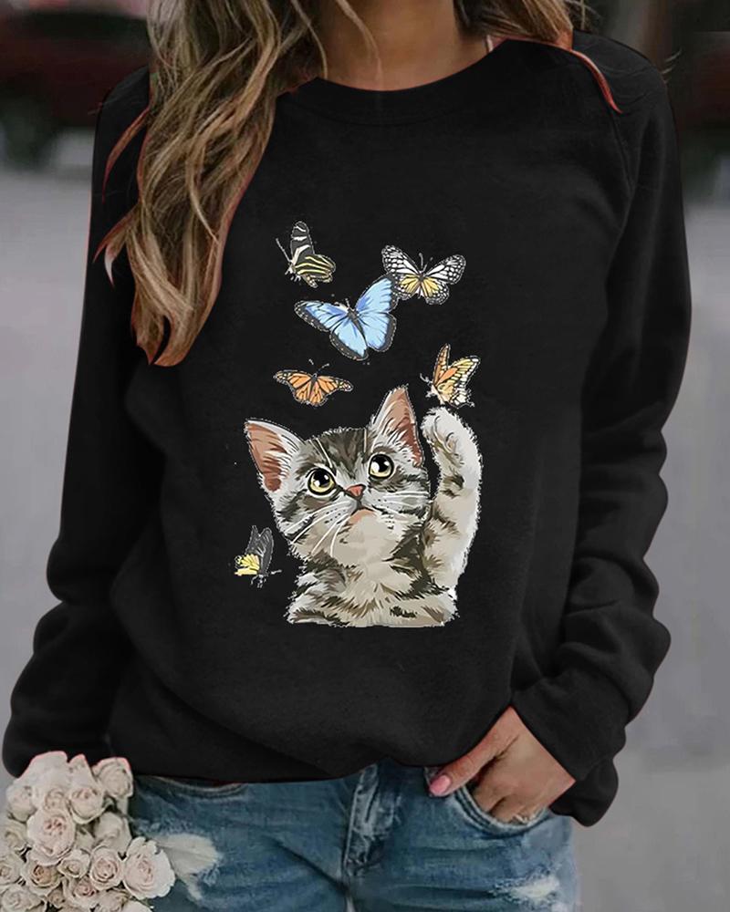 

Butterfly Cat Print Round Neck Sweatshirt, Black