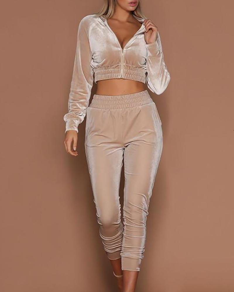 

Velvet Zip Crop Top & Pants Set, Apricot