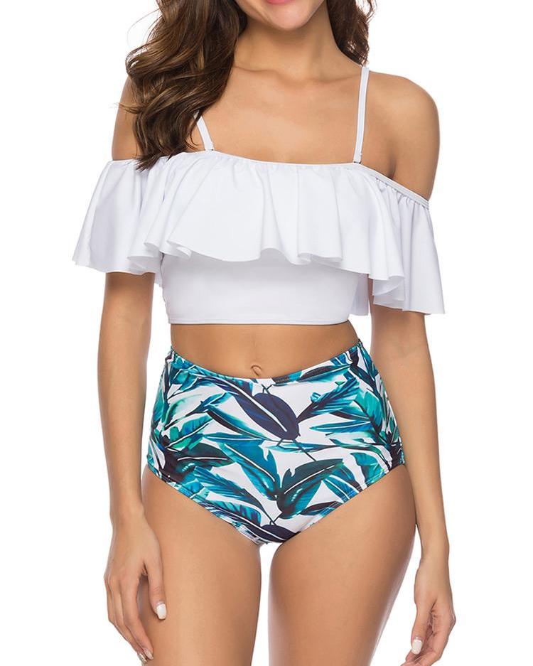 

Leaf Print Ruffles High Waist Bikini Set, White