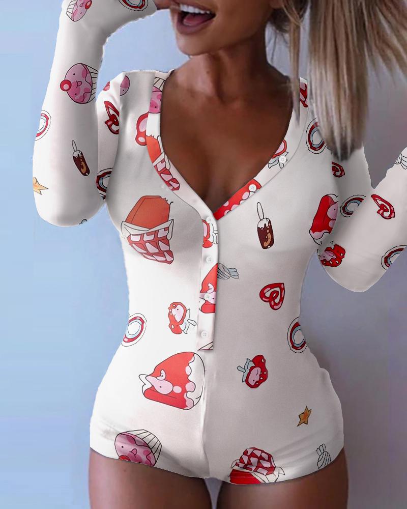 

Cartoon Print Functional Buttoned Flap Adults Pajamas, White