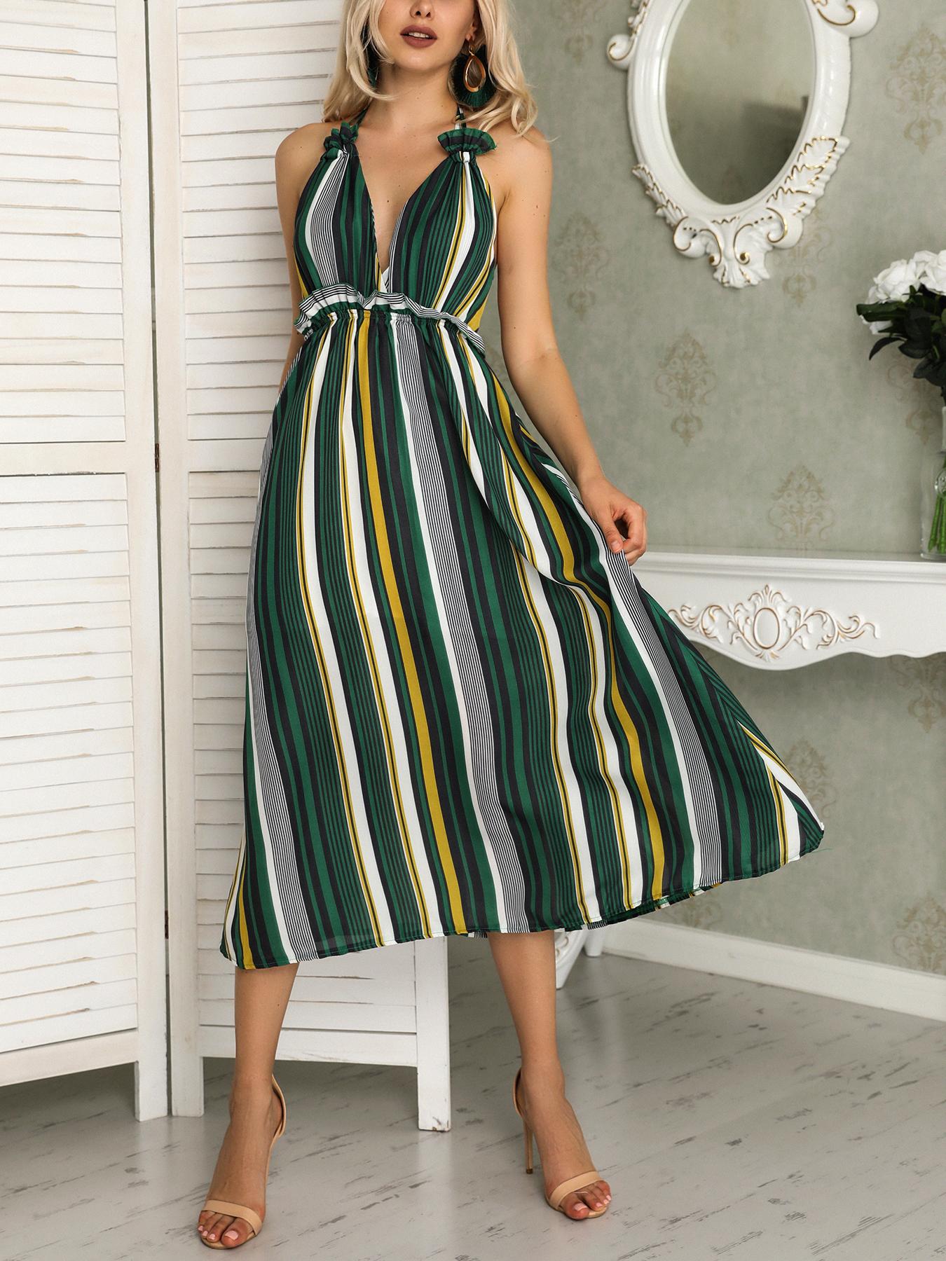 

Colorfull Striped Paperbag Waist Maxi Dress