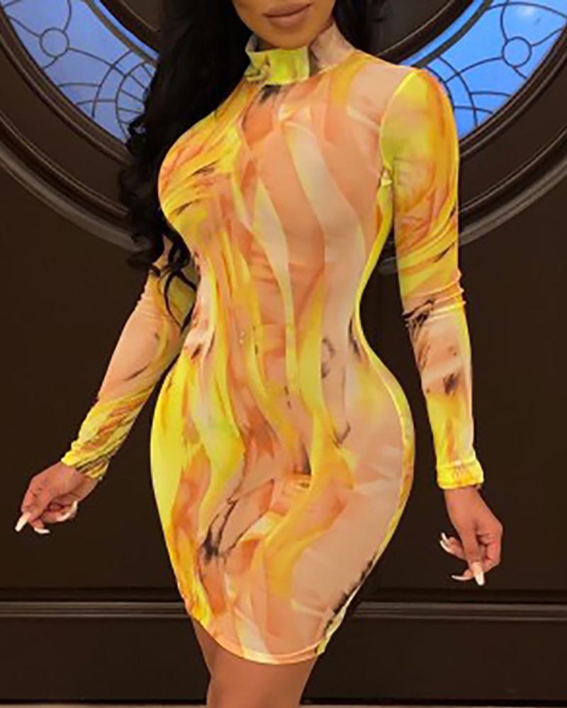 

Abstract Print Perspective Long Sleeve Dress, Yellow